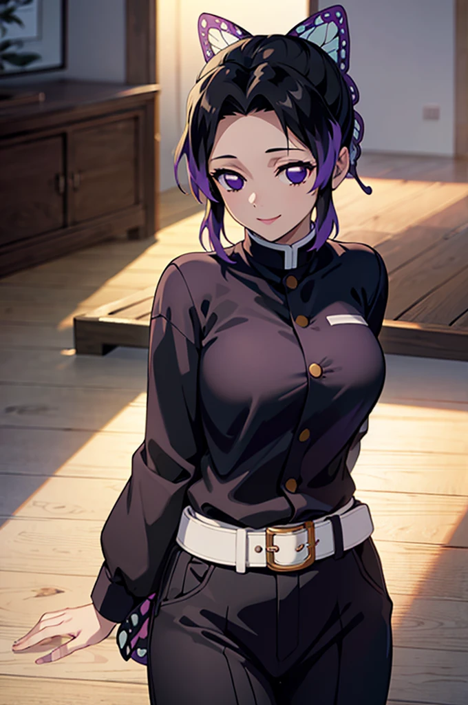 (masterpiece:1.3), (best quality:1.1), (8k, ultra detailed, ultra high res:1.2), ((anime style)), perfect 5 fingers, perfect anatomy, 
1girl,
BREAK short hair, black hair, hair intakes, gradient hair, 
purple eyes, 
bow in hair, butterfly, 
large breasts,  
BREAK black shirt, black tethered pants, white haori, smile, 
looking at viewer, 
cowboy shot, 
perfect light, indoors, 