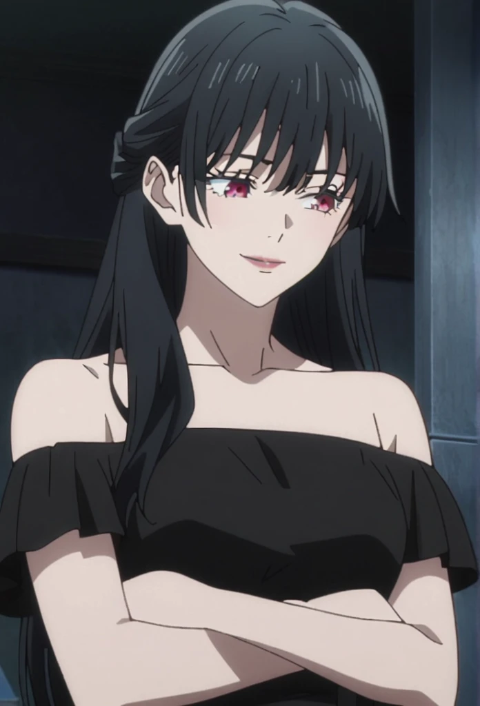 1girl, female gojo satoru, anime screencap from jujutsu kaisen, gojo satoru female version, solo, long_hair, red eyes ((Phantom black_hair)), night view, breasts, upper_body, smile, indoors, book, bangs, blue_eyes, lips, (wearing round sunglasses) , ((her hairstyle : The character in the image has long straight black hair)) wearing black color party dress, bare shoulder, breast, "very detailed and high resolution" (red eyes) ((cross arms))  ((long hair)) ((solo))