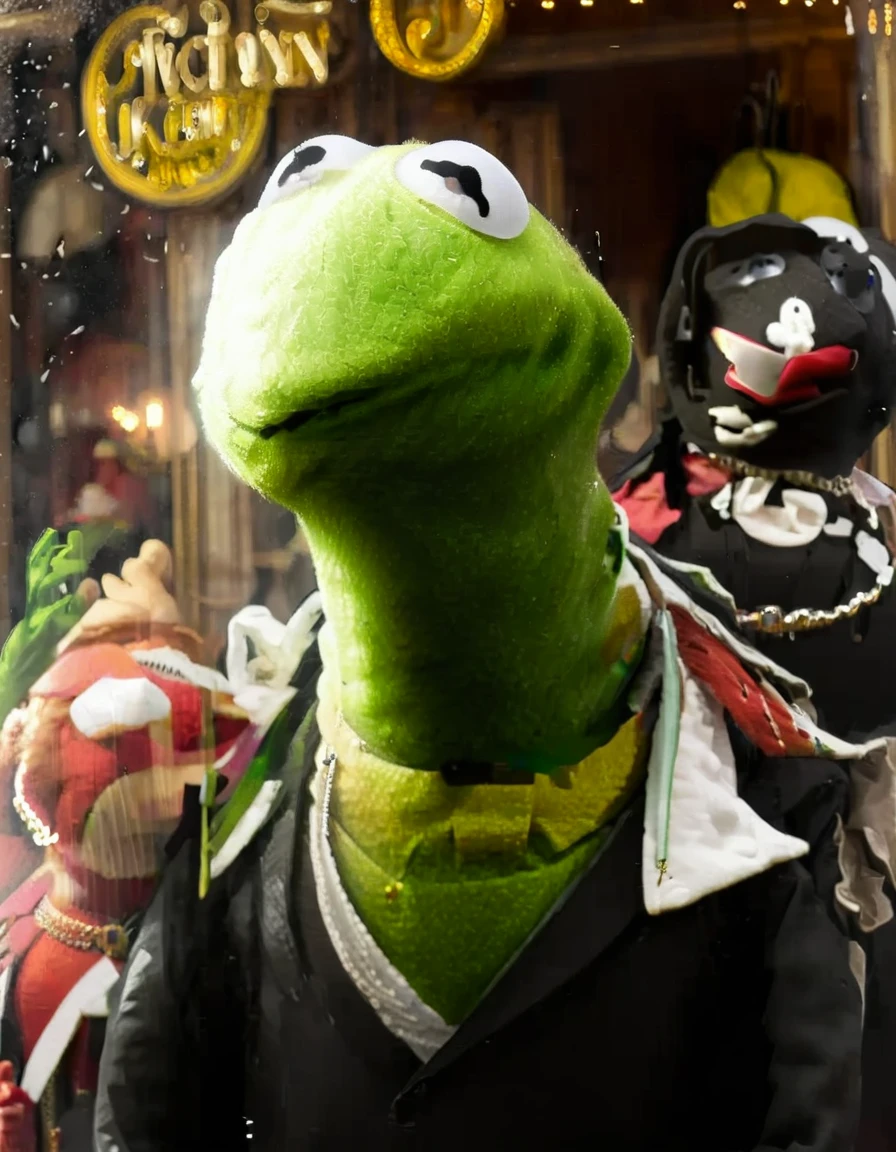 cinematic closeup portrait photo, christmas of Kermit1024 as Bob Cratchit (wearing lower class Dickensian clothes, dark coat, wool scarf, bald with top hat, pants:1.2), in 1840's Victorian London street, falling snow, (at dawn:1.15), portrait lighting, realistic, detailed face, 8k, UHD color RAW photo, detail, (Fujifilm X-S10 Mirrorless Camera, Æ/8,  ISO 102400, 100mm lens) (sharp focus:1.15) 