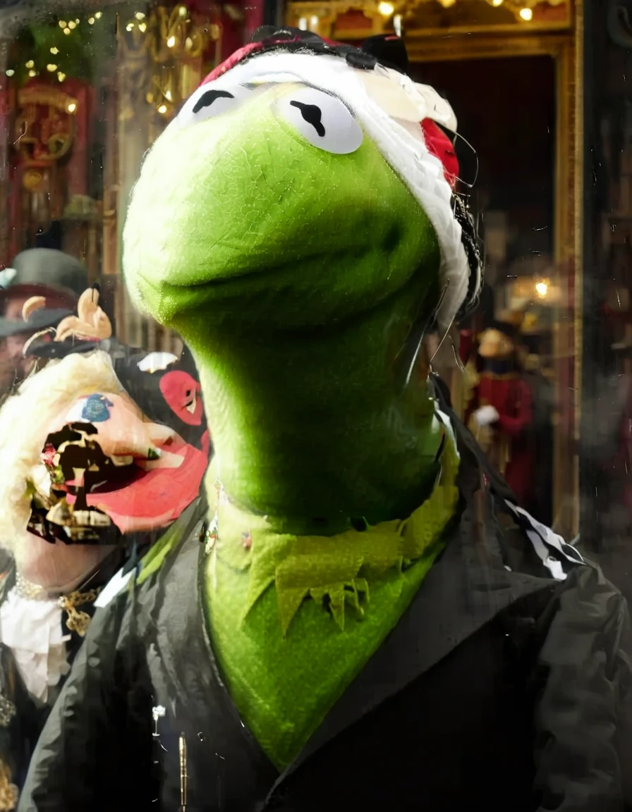 cinematic closeup portrait photo, christmas of Kermit1024 as Bob Cratchit (wearing lower class Dickensian clothes, dark coat, wool scarf, bald with top hat, pants:1.2), in 1840's Victorian London street, falling snow, (at dawn:1.15), portrait lighting, realistic, detailed face, 8k, UHD color RAW photo, detail, (Fujifilm X-S10 Mirrorless Camera, Æ/8,  ISO 102400, 100mm lens) (sharp focus:1.15) 