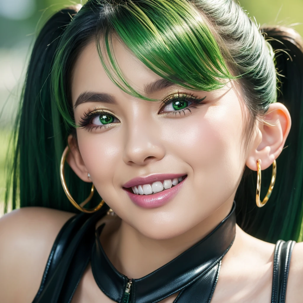 Highest quality、Race Queen、Metallic Green、The gaze is directed forward、The face is facing forward、smile、Very voluminous eyelashes、Blue eyeshadow、Beautiful teeth、shiny pink lips、Lip gloss、Black Hair、Straight ponytail、Big, thick gold hoop earrings、Slender