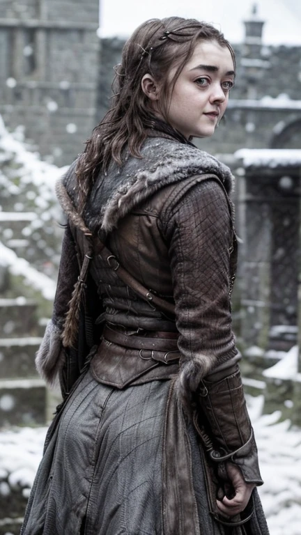 8k, Maisie Williams face, beautiful face, game of thrones character model, smiling, pale white skin, toned abs, small breast, round ass, tight ass, tight asshole, tight pussy, virgin pussy, her round ass visible, tied long brown hair, Maisie Williams as Arya Stark, torn ragged peasant dress, standing stance, winterfell city in background, snowing, back View, sharp focus on her ass