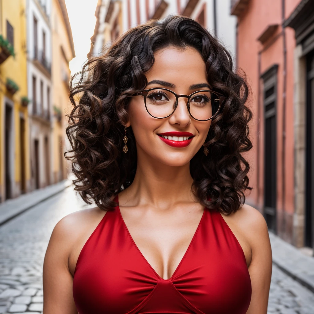 a beautiful Spanish brunette with curly black hair full body photographed by a 50mm canon. wearing beautiful symmetrical eyeglasses that perfectly suit her face. Rosto angelical,warm smile with beautiful red lipstick.cinematiclight,sexy red bodycon dress,enhancing your big breasts.(floor,in the background a hyper-detailed Seville street)