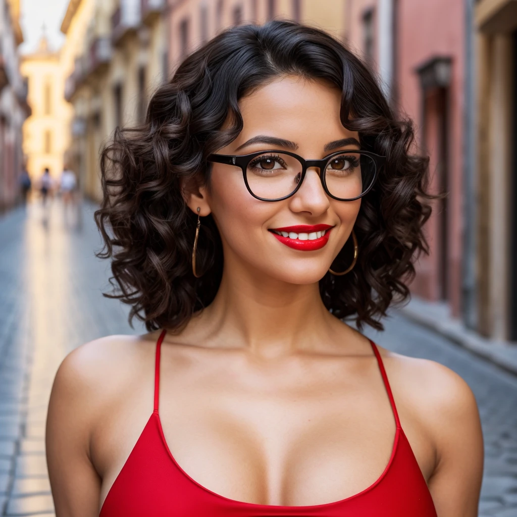 a beautiful Spanish brunette with curly black hair full body photographed by a 50mm canon. wearing beautiful symmetrical eyeglasses that perfectly suit her face. Rosto angelical,warm smile with beautiful red lipstick.cinematiclight,sexy red bodycon dress,enhancing your big breasts.(floor,in the background a hyper-detailed Seville street)