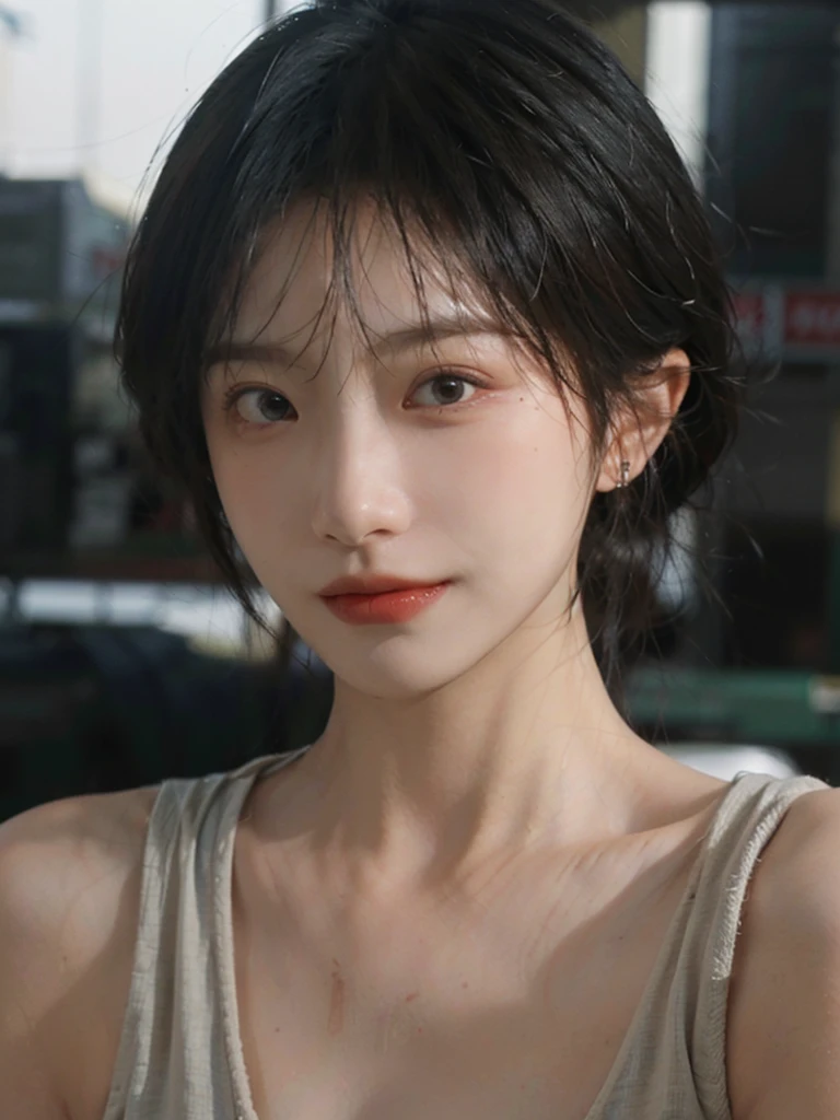(Skin details:1.4), (smooth skin textures:1.3), Lipstick, background,海滩background， Looking at the audience，earrings, serene, calm, (Realistic and detailed eyes：1.2）, Natural skin texture, Realistic facial details, Soft dramatic lighting, Vivid details, 35 mm film, outdoor, (Photo Practical:1.4), (hyper Practical:1.4), (Practical:1.3), (Smoother lighting:1.05), (Improve lighting quality:0.9), (Highest quality real skin textures:1.4), Exquisite eyes, Delicate face, Close-up of face, (Enhance the beauty of skin texture:1.1), Hair details, Vest，normal body ratio, short hair, Moles under the eyes, thinking, A faint smile,公园background，Portrait Photography, Depth of Field, Bokeh, Surrealism, Ray Tracing, (Portrait Photography:1.1), Surrealism, High Detail, Chiaroscuro, Ray Tracing, reflected light, Ultra HD, Ultra HD, masterpiece, Textured Skin, Super Detail, High Detail, high quality, best quality