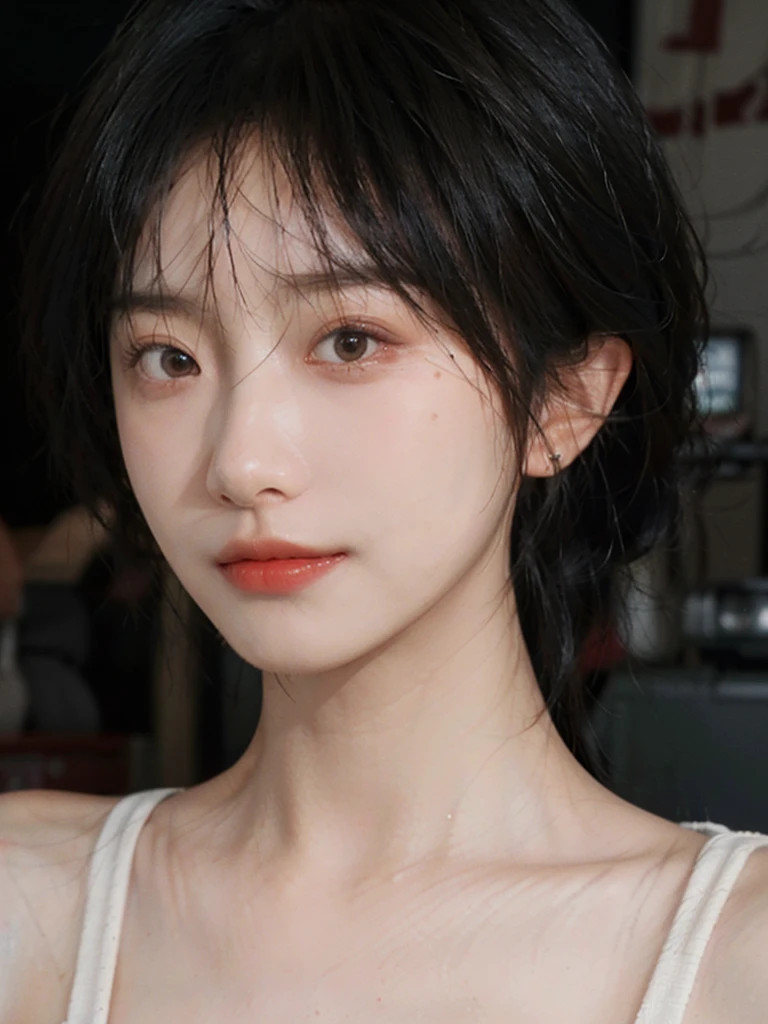 (Skin details:1.4), (smooth skin textures:1.3), Lipstick, background,海滩background, Looking at the audience,earrings, serene, calm, (Realistic and detailed eyes:1.2), Natural skin texture, Realistic facial details, Soft dramatic lighting, Vivid details, 35 mm film, outdoor, (Photo Practical:1.4), (hyper Practical:1.4), (Practical:1.3), (Smoother lighting:1.05), (Improve lighting quality:0.9), (Highest quality real skin textures:1.4), Exquisite eyes, Delicate face, Close-up of face, (Enhance the beauty of skin texture:1.1), Hair details, Vest,normal body ratio, short hair, Moles under the eyes, thinking, A faint smile,公园background,Portrait Photography, Depth of Field, Bokeh, Surrealism, Ray Tracing, (Portrait Photography:1.1), Surrealism, High Detail, Chiaroscuro, Ray Tracing, reflected light, Ultra HD, Ultra HD, masterpiece, Textured Skin, Super Detail, High Detail, high quality, best quality