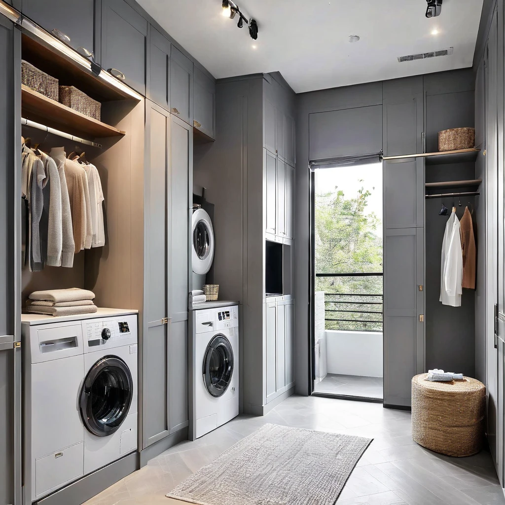 WJSimple lines overall tone are gray,Advanced gray style, Gaojihui Xiaoguotu12, A washer and dryer in a closet with a window.