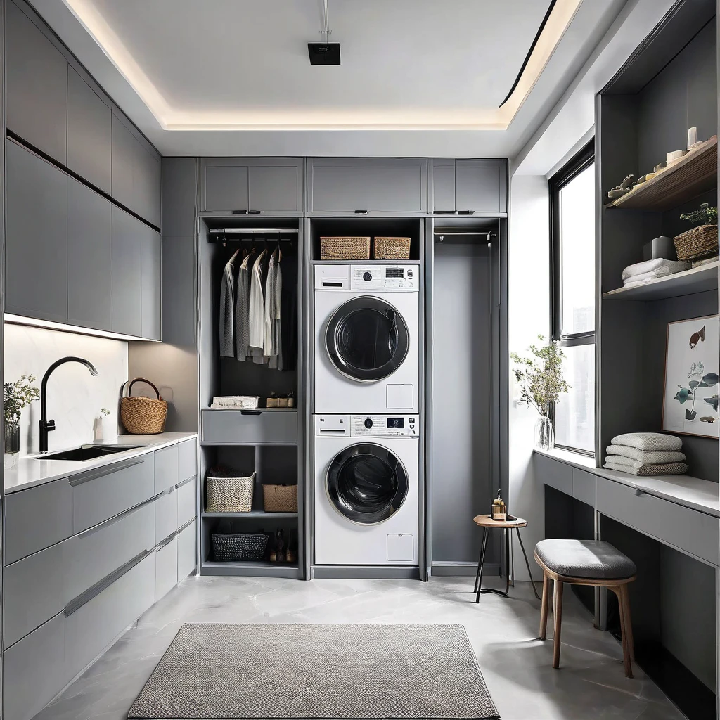 WJSimple lines overall tone are gray,Advanced gray style, Gaojihui Xiaoguotu12, A washer and dryer in a closet with a window.