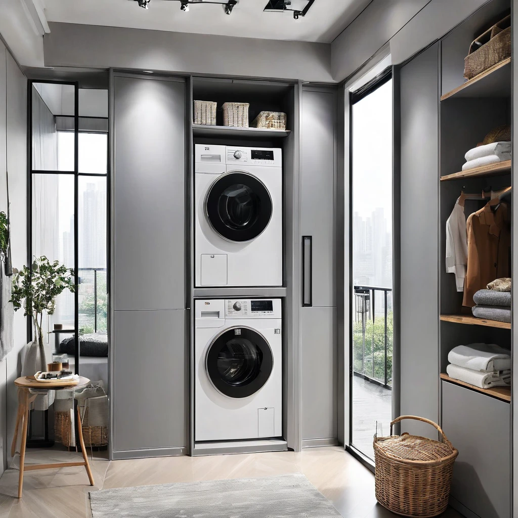 WJSimple lines overall tone are gray,Advanced gray style, Gaojihui Xiaoguotu12, A washer and dryer in a closet with a window.