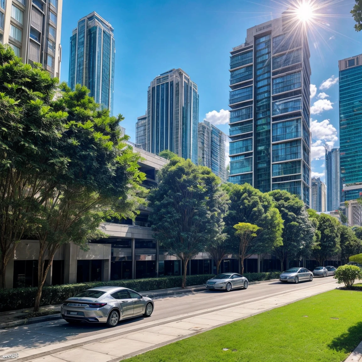 Imagine a vacant plot of land in the heart of a bustling modern city, viewed from the sidewalk. The plot is completely empty, covered in green grass, and surrounded by towering luxurious buildings. Directly behind the plot, there are skyscrapers with glass and steel facades, featuring spacious balconies adorned with lush greenery. To both the left and right sides of the plot, sleek contemporary buildings with large panoramic windows and facades in shades of silver and blue stand tall. The view is from the sidewalk, looking towards the plot, with the busy avenue behind you, filled with luxury cars and well-dressed pedestrians. The sky above is clear with a few clouds, adding to the vibrant and sophisticated urban atmosphere.