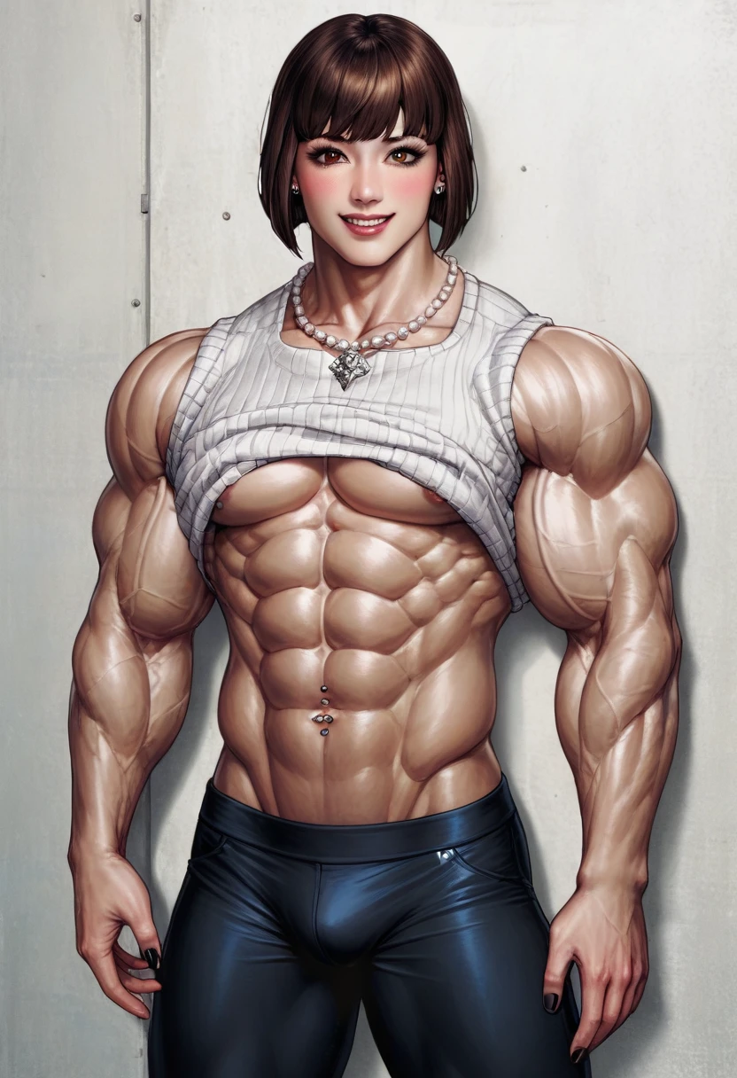 ((big_thick_abs_oblqiues_huge_sinew_toned_saggybreasts)) bodybuilder woman hyperrealistic art cinematic film still photography in the style of detailed hyperrealism photoshoot . Extremely high-resolution details, photographic, realism pushed to extreme, fine texture, incredibly lifelikewoman , proud but shy smile, pearl necklace, naval piercing tight ribbed sweater, shirt lift with both hands exposing midriff wide hips dark brown hair bob cut, black fingernails__((((abs powerful toned intricate obliques deep abs and biceps_broad shoulders:))))