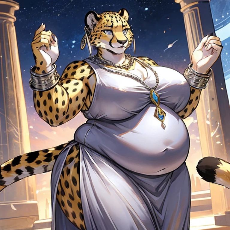 fat female cheetah, silver bracelets, silver necklace, silver earrings, silver dress, gala, silver eyes, no hair, golden coins flowing from her hand, Female cheetah, fat, fat belly, fat thighs, fat arms, lovehandles, big breasts, silver eyes, golden yellow fur, black cheetah markings, silver earrings, silver bracelets, silver rings, silver necklaces