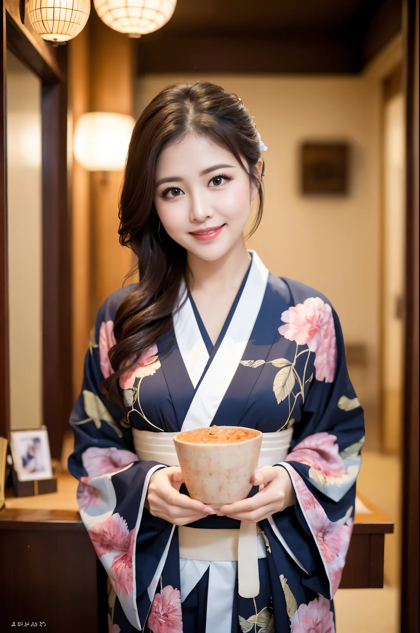 Face :9,1449314384], ulzzang-6500-v1.1, (RAW Photos:1.2), (Photorealistic), Beautiful Mature Woman VN01, Beautiful details, (Genuine: 1.4), Very detailedな目と顔, Beautiful and fine details,  (Japanese Kimono、Elegant Japanese pattern kimono、Komono)、Esbian all over、 (A very loving smile:1.2)、Large file size, High resolution, Very detailed, Highest quality, [masterpiece:1.6], Awareness-raising, Very detailed, Hmph, In detail, Highest quality, 8k wallpaper, Cinema Lighting, One mature woman, 37 years old, Perfect figure, Cute droopy eyes、Beautiful big eyes、((I keep my hair up and short))、 ((masterpiece)), Highest quality, One mature woman, eye shadow, Upper Body, Portraiture, ((Full Body Shot:1.23))、