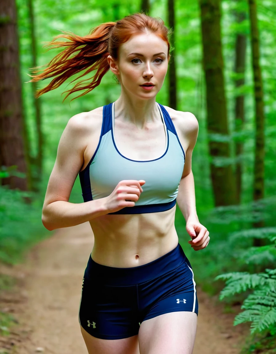 Photography full body of a very beautiful realistic girl, jogging in the forest, porcelain skin, very light skin, very pale skin, redhead, wavy, pony tail, Detail of skin structure, hazel eyes, Slit eyes, small-nose, small nostril, think of arched eyebrows, thick lower lip, seductive glance, happy face, unique face, Wear sportswear, detailed photo, foto realista, Masterpiece Image, sharp image, clear daylight outside
