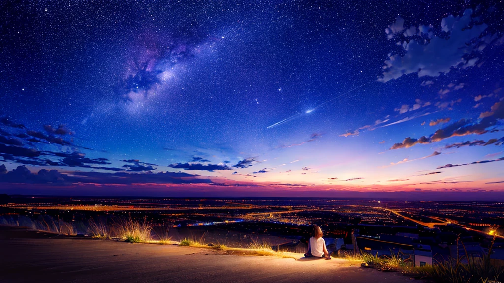 octans, sky, star (sky), scenery, starry sky, night, 1girl, night sky, solo, outdoors, building, cloud, milky way, sitting, tree, long hair, city, silhouette, cityscape