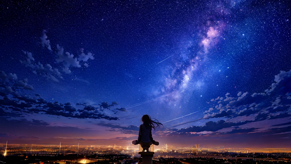 octans, sky, star (sky), scenery, starry sky, night, 1girl, night sky, solo, outdoors, building, cloud, milky way, sitting, tree, long hair, city, silhouette, cityscape