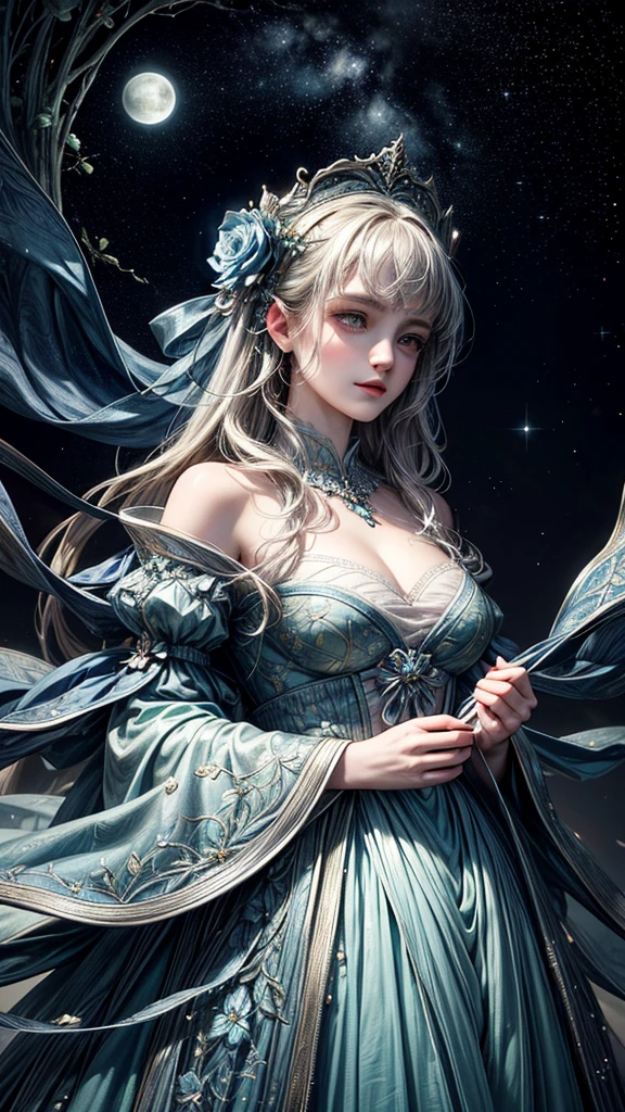 cara detallada, well-defined beautiful girl close-up, full body, slight smile, filigree, ultra highly detailed, mannerism, surrealism digital painting, by Marc Todd, Nicoletta Ceccoli, Ray Caesar, WLOP, close up half water transparent luminous nymph half blue rose, swirling blue rose vines, trees big blue closed rose flowers, moon, moonlight, detailed night sky with stars and clouds, lavish green leaves, garden, blossoming, stars, sparks, Van Gogh starry sky, celestial glowing, glowing aura, mystical, water drops, highly detailed, intricated, intricated pose, complex background, oil painting, thick strokes, mannerism, vibrant colors, masterpiece, high quality, 32k, best quality