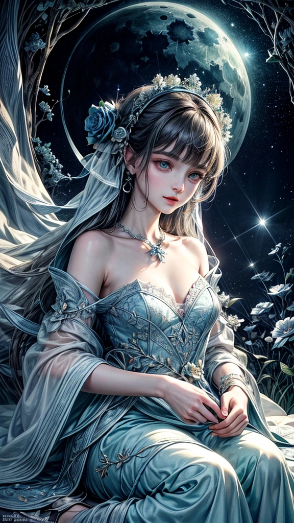 cara detallada, well-defined beautiful girl close-up, full body, slight smile, filigree, ultra highly detailed, mannerism, surrealism digital painting, by Marc Todd, Nicoletta Ceccoli, Ray Caesar, WLOP, close up half water transparent luminous nymph half blue rose, swirling blue rose vines, trees big blue closed rose flowers, moon, moonlight, detailed night sky with stars and clouds, lavish green leaves, garden, blossoming, stars, sparks, Van Gogh starry sky, celestial glowing, glowing aura, mystical, water drops, highly detailed, intricated, intricated pose, complex background, oil painting, thick strokes, mannerism, vibrant colors, masterpiece, high quality, 32k, best quality, vestido transparente sexi, senos pequeños, panti transparente, ojos dorados, pose sensual, pesones rosados, mostrando vagina,