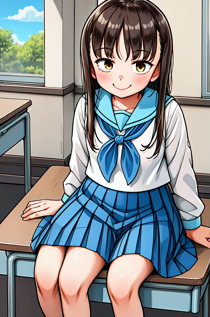 One girl, classroom, Cowboy Shot, Sitting, smile, 
yuzuki_maple, Brown eyes, Brown Hair, Long Hair, , Seraphim, White shirt, Blue Skirt, Pleated skirt, Highest quality, masterpiece, High resolution, 