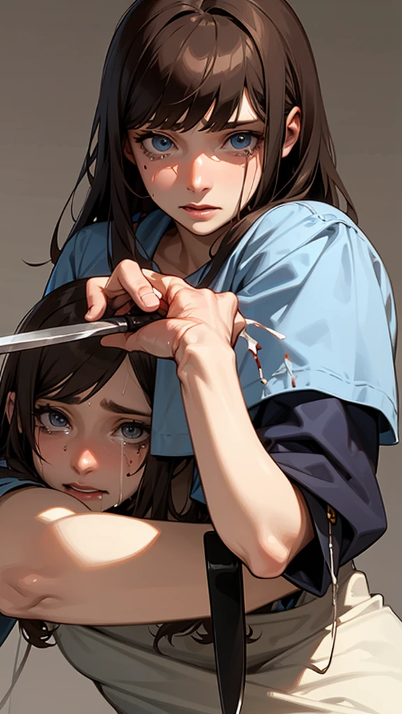 Adult, long brown hair with bangs, blue eyes, knife, bloody, crying