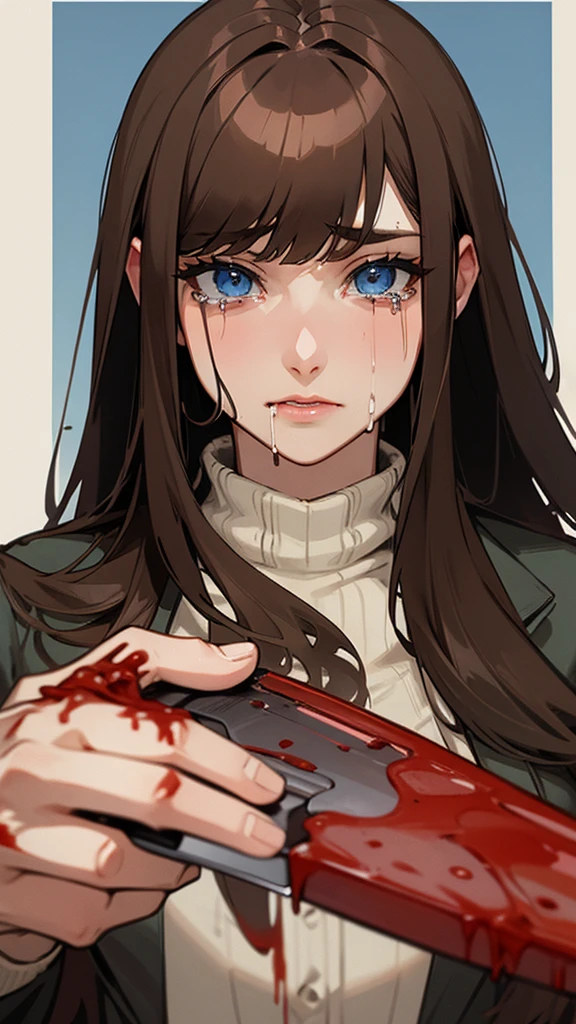 Adult, long brown hair with bangs, blue eyes, knife, bloody, crying 