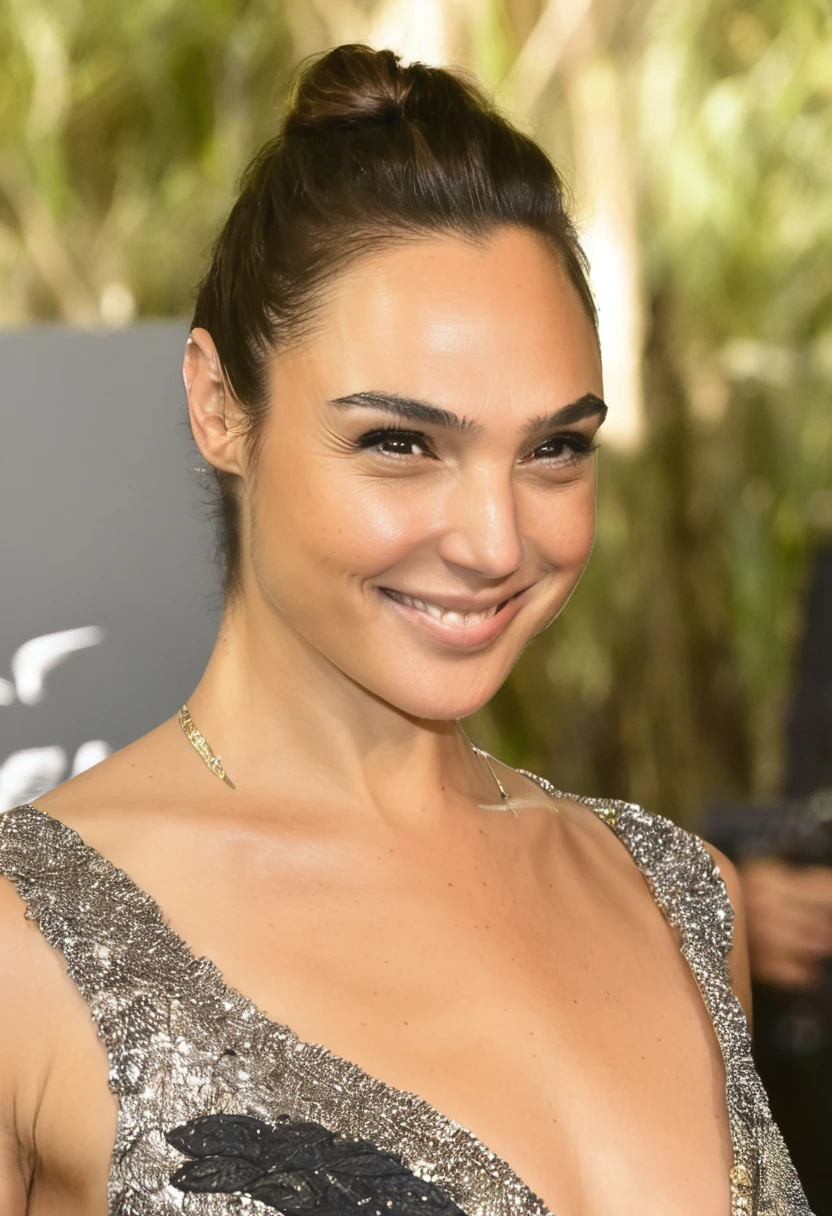 Random erotic photograph  of celebrity woman, ( GalGadot, galxgadt, pony , detailed facial features ,buttery  skin texture , ultra detailed skin texture , Insanely detailed skin texture , correct anatomy , depth of field, beachb background ) 45yo actress , hollywood actress , celebrity ,smiling , she is wearing a detailed rubber swimsuit, fit figure, (random photograph, random click:1.4) , hair pulled back, hair bun