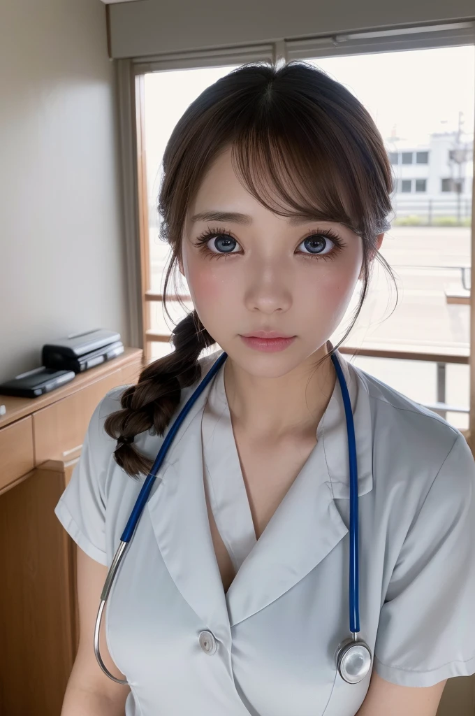 (1 Girl )、(Beautiful Japanese、30years old,round face、Refreshing、clear、seems kind、stylish、Pitiful、cute like an angel、cute、black eyes、(Single eyelid:1.3)、Beautiful skin), {(Japan human face:1.4),(General facial features)} , (((Beautiful breasts:0.4))),(((soft breasts))),(very cute),(updo, hair tendrils,brown hair,),(enchanting eyes),(highlight on eyes:1.2)、(8K、Live shooting、highest quality、masterpiece:1.2、optimal lighting)、((masterpiece)),(Photo taken by a professional photographer),(real、photo real:1.4),BREAK,{ (White nurse costume),(((taraditional nurse uniform))),,{(White nurse tight pants)}},( Crying in tears:1.2),(tears:1.4)) break, hospital,Face shot:1.0、 face close-up,,(((1970s vibe)))、Hospital ,dynamic angle,,standing,