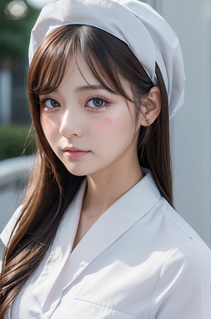 (1 Girl )、(Beautiful Japanese、30years old,round face、Refreshing、clear、seems kind、stylish、Pitiful、cute like an angel、cute、black eyes、(Single eyelid:1.3)、Beautiful skin), {(Japan human face:1.4),(General facial features)} , (((Beautiful breasts:0.4))),(((soft breasts))),(very cute),(updo, hair tendrils,brown hair,),(enchanting eyes),(highlight on eyes:1.2)、(8K、Live shooting、highest quality、masterpiece:1.2、optimal lighting)、((masterpiece)),(Photo taken by a professional photographer),(real、photo real:1.4),BREAK,{ (White nurse costume),(((taraditional nurse uniform))),,{(White nurse tight pants)}},( Crying in tears:1.2),(tears:1.4)) break, hospital,Face shot:1.0、 face close-up,,(((1970s vibe)))、Hospital ,dynamic angle,,standing,