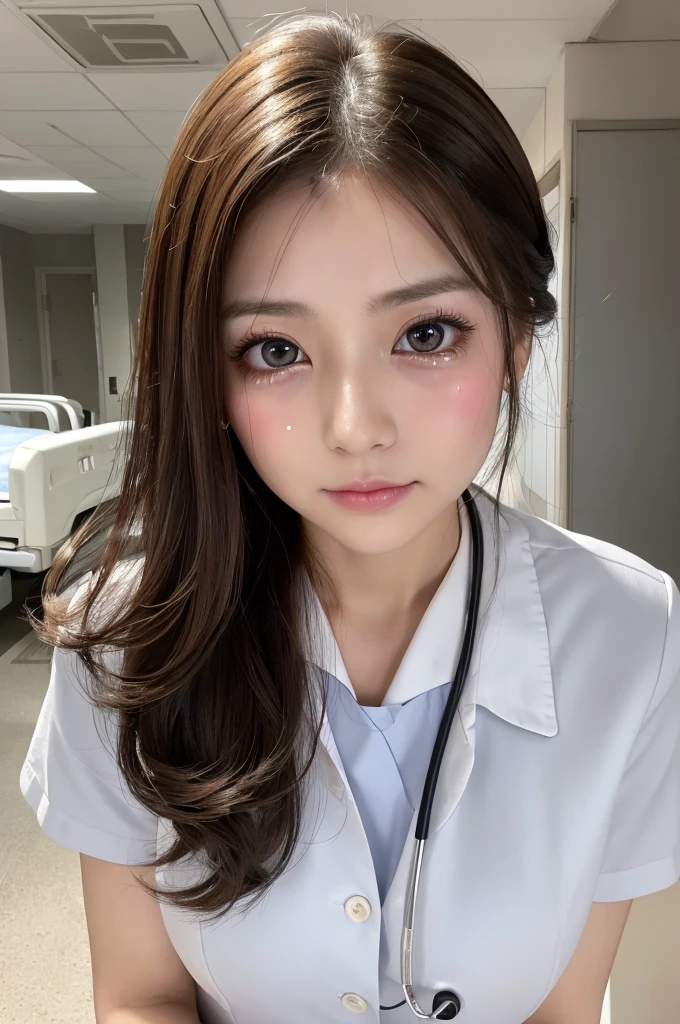(1 Girl )、(Beautiful Japanese、30years old,round face、Refreshing、clear、seems kind、stylish、Pitiful、cute like an angel、cute、black eyes、(Single eyelid:1.3)、Beautiful skin), {(Japan human face:1.4),(General facial features)} , (((Beautiful breasts:0.4))),(((soft breasts))),(very cute),(updo, hair tendrils,brown hair,),(enchanting eyes),(highlight on eyes:1.2)、(8K、Live shooting、highest quality、masterpiece:1.2、optimal lighting)、((masterpiece)),(Photo taken by a professional photographer),(real、photo real:1.4),BREAK,{ (White nurse costume),(((taraditional nurse uniform))),,{(White nurse tight pants)}},( Crying in tears:1.2),(tears:1.4)) break, hospital,Face shot:1.0、 face close-up,,(((1970s vibe)))、Hospital ,dynamic angle,,standing,