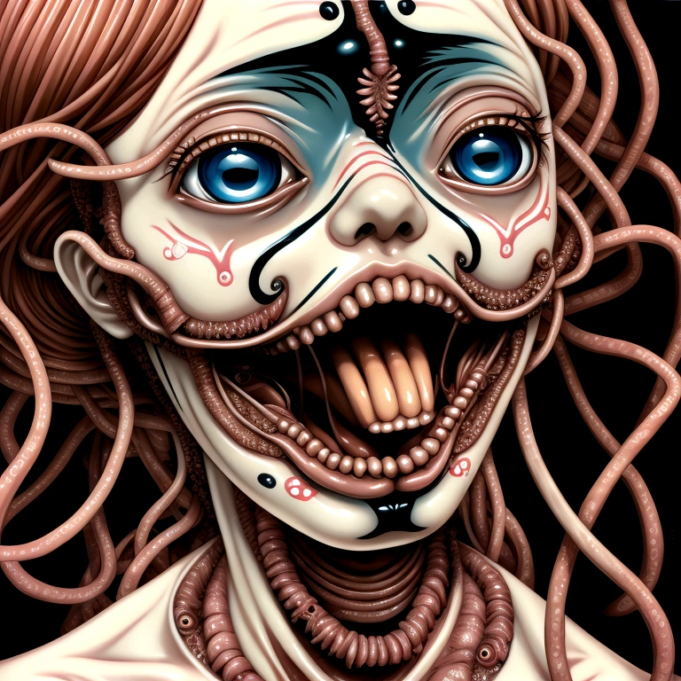 close-up, surreal, a shintaro kago, a school girl, horror anime, horror manga, Surrealism etc