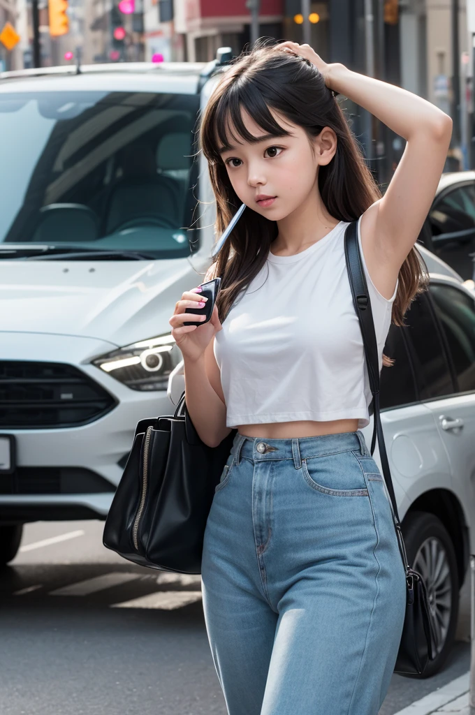 Create an image of a young girl with a cell phone in her hand calling an Uber