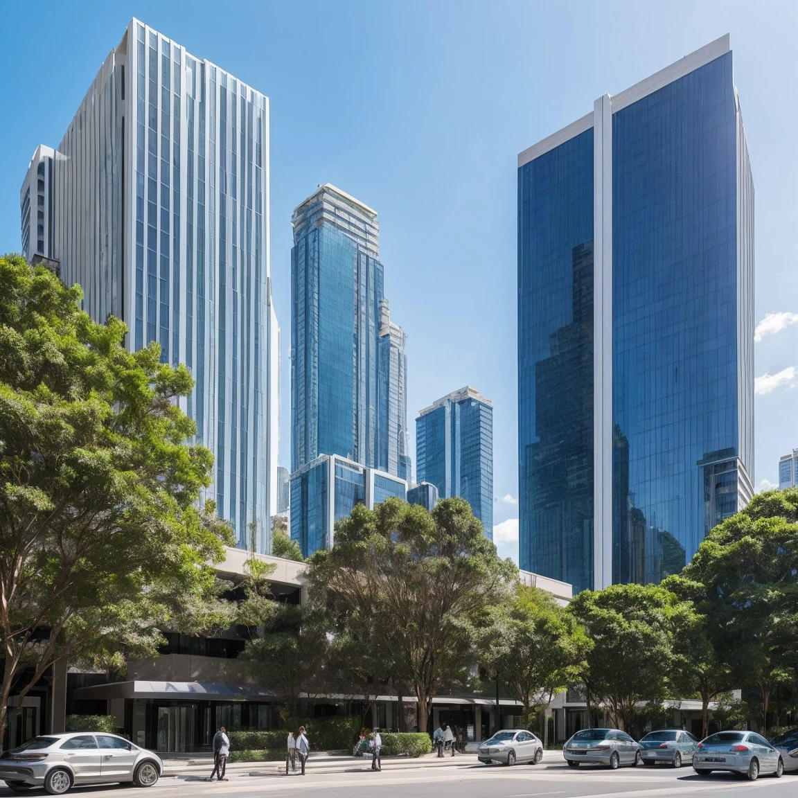 Imagine a vacant plot of land in the heart of a bustling modern city, viewed from the sidewalk. The plot is completely empty, covered in green grass, and surrounded by towering luxurious buildings. Directly behind the plot, there are skyscrapers with glass and steel facades, featuring spacious balconies adorned with lush greenery. To both the left and right sides of the plot, sleek contemporary buildings with large panoramic windows and facades in shades of silver and blue stand tall. The view is from the sidewalk, looking towards the plot, with the busy avenue behind you, filled with luxury cars and well-dressed pedestrians. The sky above is clear with a few clouds, adding to the vibrant and sophisticated urban atmosphere.
