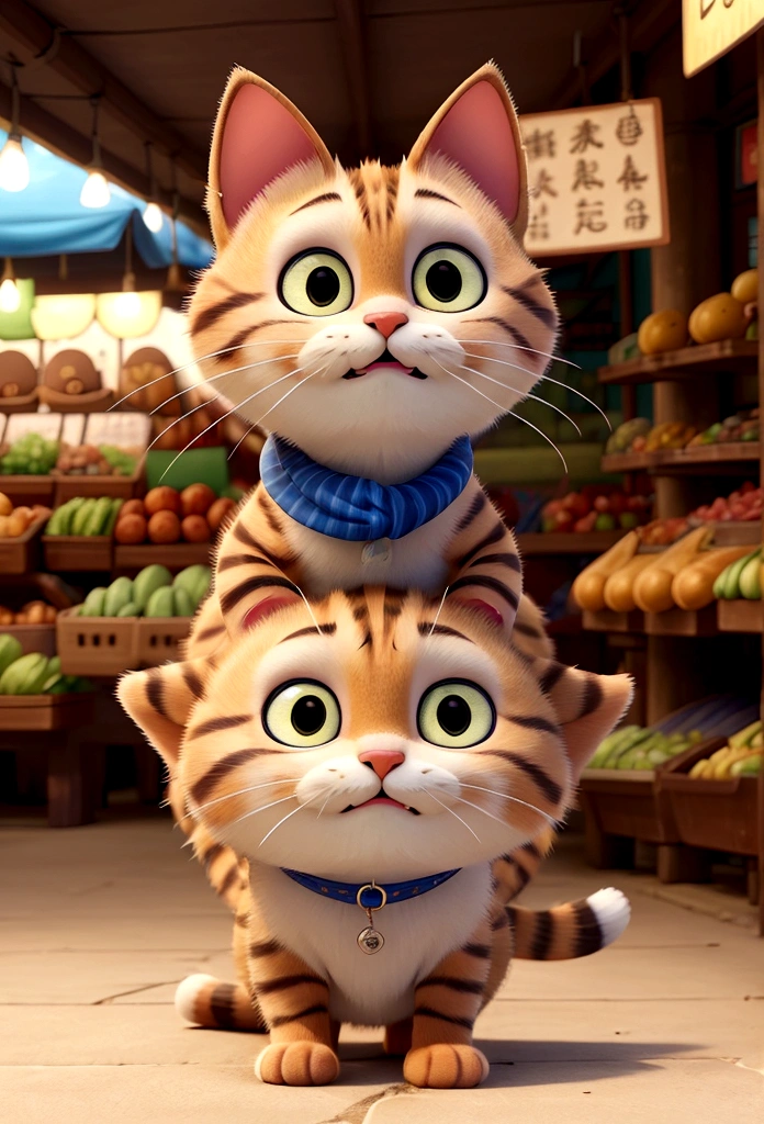 "A striped cat with a mischievous expression, carrying a fish in its mouth, sneaking through the stalls of a busy market."