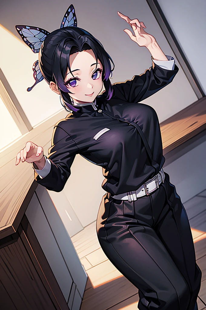 (masterpiece:1.3), (best quality:1.1), (8k, ultra detailed, ultra high res:1.2), ((anime style)), perfect 5 fingers, perfect anatomy,
1girl,
BREAK short hair, black hair, hair intakes, gradient hair,
purple eyes,
bow in hair, butterfly,
large breasts,
BREAK black shirt, black tethered pants, white haori, smile,
looking at viewer,
cowboy shot,
perfect light, indoors,