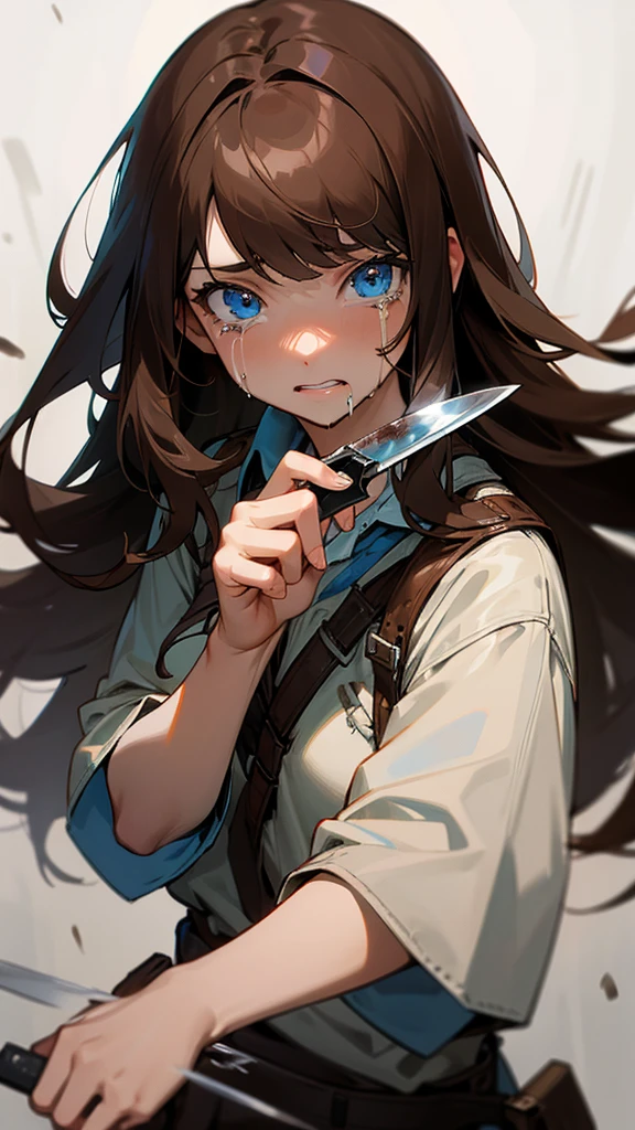 Adult, long brown hair with bangs, blue eyes, knife, bloody, crying