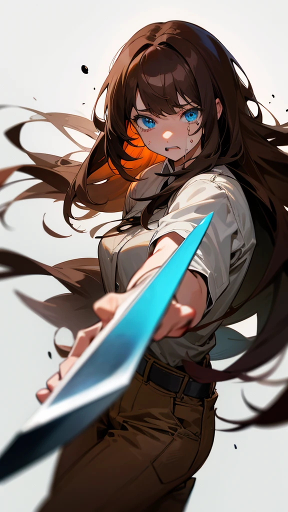 Adult, long brown hair with bangs, blue eyes, knife, bloody, crying 