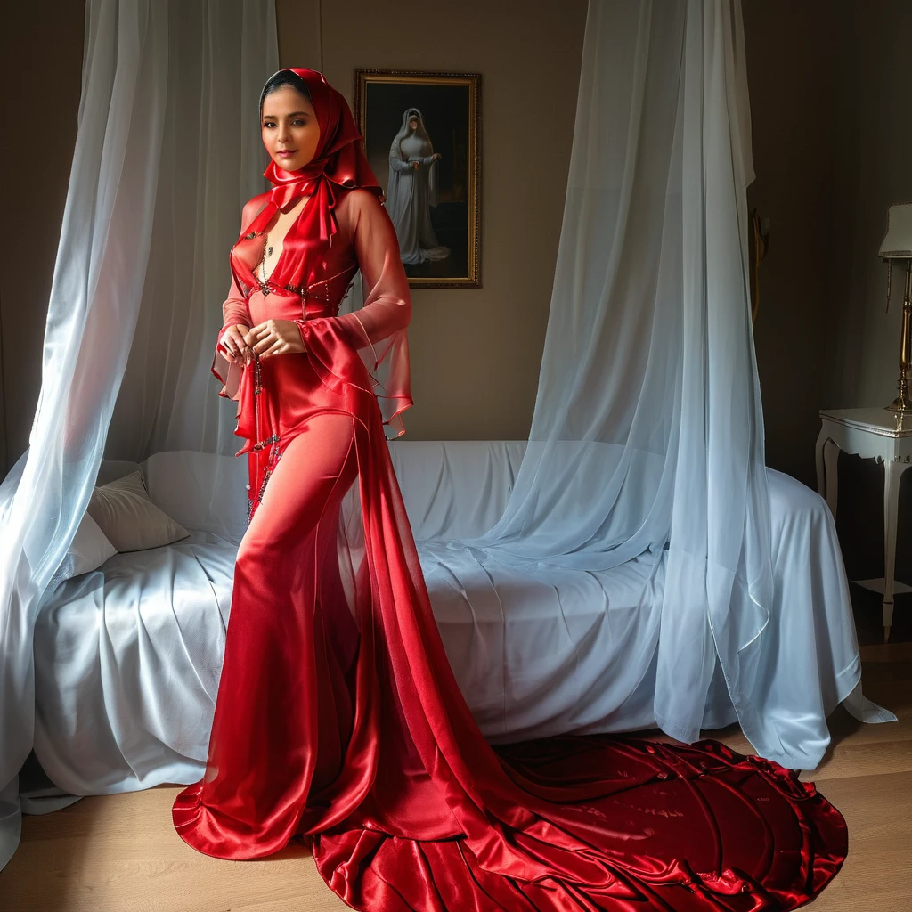 a woman in the translucent silk red gown, tight full body tied, satin sheet, nipple on with nipple piercing, wearing translucent veils, faceless, face cover with satin veil, satin hijab, full body, long satin,mermaid tight long gown, flowy dramatic long gown, tall women, satin bed, strugle to walk, wear high heels, satin bed, masterpice.