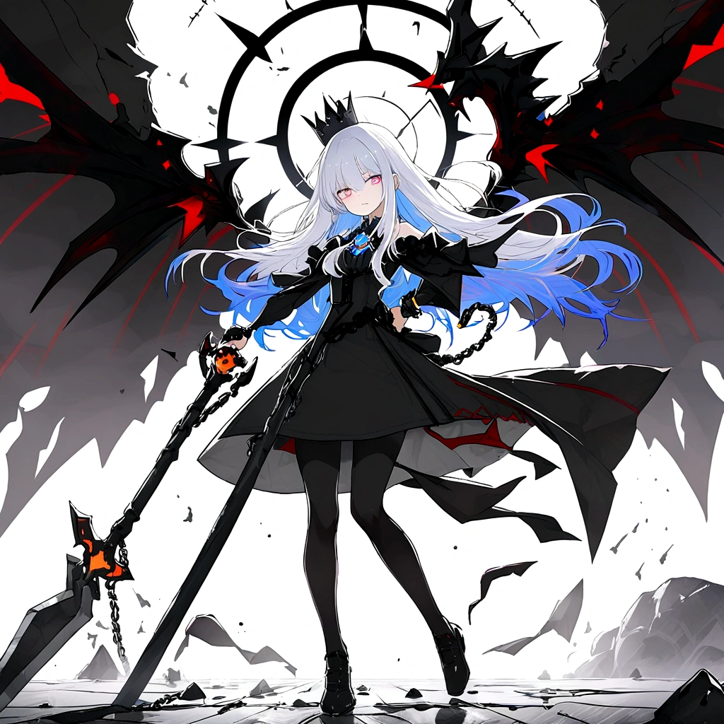 long blue hair, black robe, black crown, two black scythes, chains