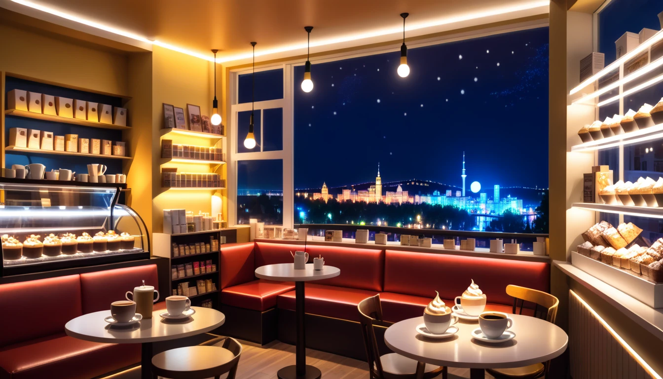 a cozy night time at a coffe interior with cozy lighting and sweets in the shelves. There are coffee cups in the tables. There is a big window in the middle of the coffeeshop and the outside view is a city 