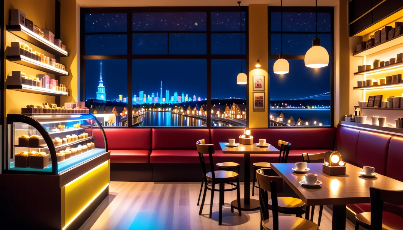 a cozy night time at a coffe interior with cozy lighting and sweets in the shelves. There are coffee cups in the tables. There is a big window in the middle of the coffeeshop and the outside view is a city