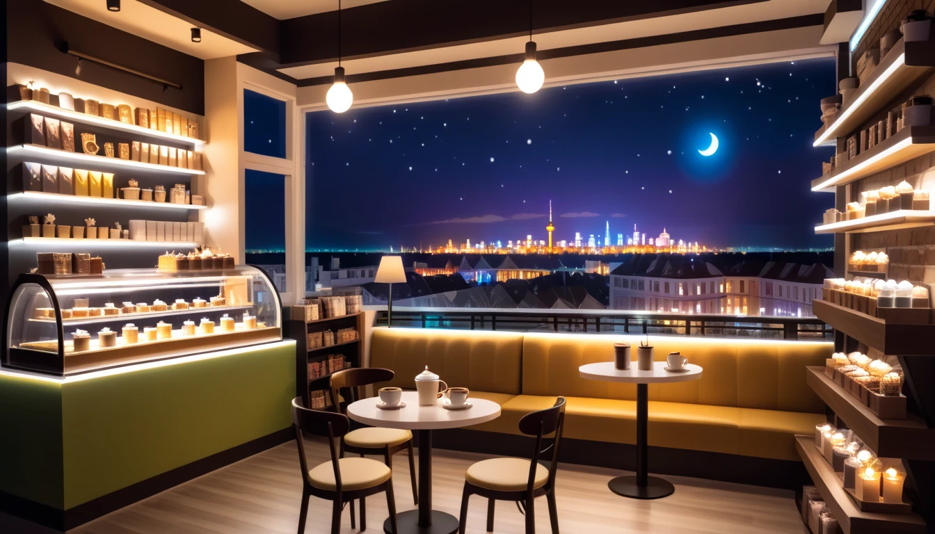 a cozy night time at a coffe interior with cozy lighting and sweets in the shelves. There are coffee cups in the tables. There is a big window in the middle of the coffeeshop and the outside view is a city