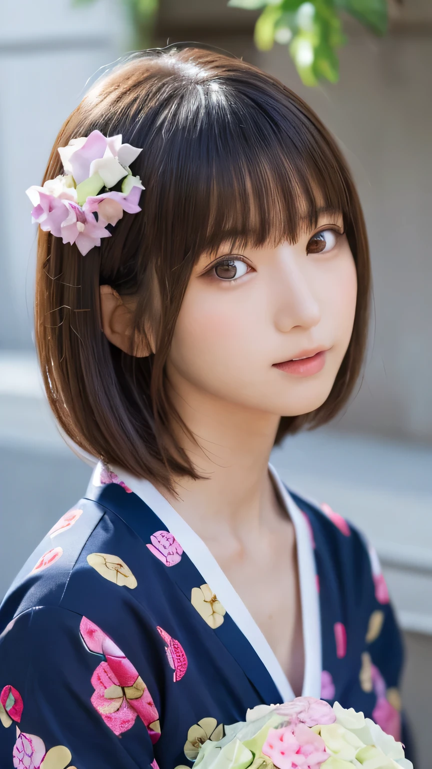one girl, (a beauty girl, delicate girl:1.3), (16 years old:1.3),
break, (yukata, Japanese folk costume:1.2),
break, (glass vase, hydrangeas:1.2),
break, very fine eyes, (symmetrical eyes:1.3),
break, (big breasts:1.1), brown eyes, parted bangs, brown bobcut hair, round face, kawaii,
break, (eyes and faces with detailed:1.0),
break, (masterpiece, best quality, ultra detailed, detailed face, 8k)