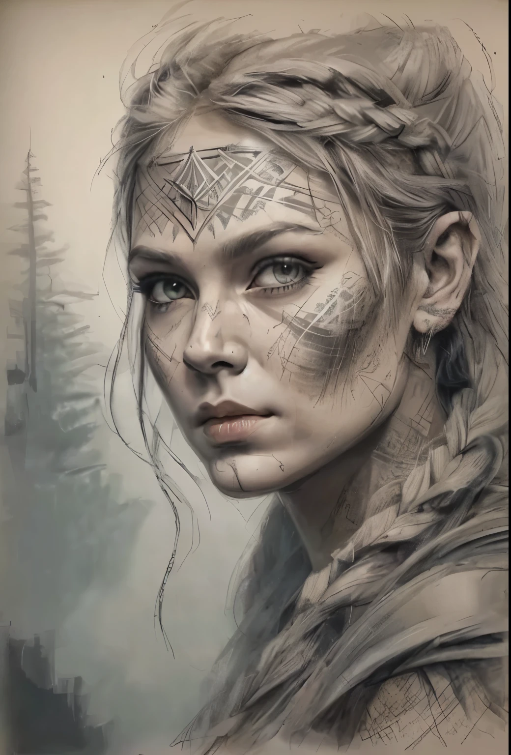 valkyrie drawn on paper with charcoal