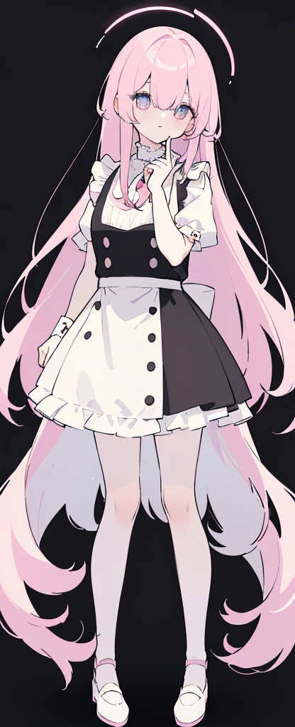 (((Long pinky Beautiful Hair))),pink hair,kawai,(((Eyes visible from bangs,hair over eyes:1.3))),,Huge breasts,(dark black color eyes),,(depression black darkslanted eyes),1girl in,bangs,long CYAN  hair, pantyhose,Cowboy Shot,white background,short hair,smiled,(wearing pink maid clothes), (maid dress type must have a perfect pink vest), Bangs should be long to the tip of the chin(((Standing pose facing to the right side free hand pose))), white background, Perfect arm fingers,,, 1 girl, ((The image must match the tag)) Bangs almost cover the eyes full body (The character's entire body from top to bottom is completely visible) (The character's entire body is visible from head to toe) wearing shiny pink shoes (full body image full body image) full body image full body image) white background, Long slim legs