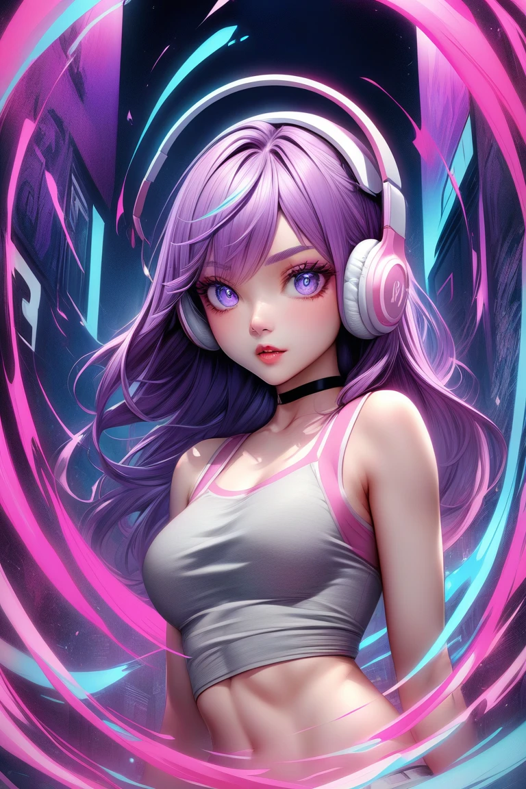 This is a digital illustration of an anime girl wearing a grey bra top with a pink trim and the words "GAME OVER" written over the bust. The girl is wearing a black choker and has long purple hair with white streaks in it. She is wearing pink and white headphones and has large eyes. The background is a blurry scene with a light blue, grey, white, and pink color scheme. The image appears to be set in a video game or in a virtual world, with a heavy emphasis on the neon color palette that commonly appears in games and anime.