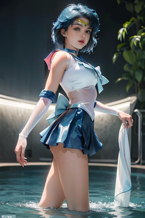 masterpiece, full: 1.3, stand, 3D, realistic, ultra microphoto, highest quality, Extreme Detail CG Unity 8K Wallpaper, from below, ((1 female)), (See more1, tiara, sailor warrior uniform:1.6), (sailor mercury), 17 years old,(facial details: 1.2, cute face, blue eyes, beautiful face, beautiful eyes, shining eyes, thin lips: 1.3, thin and sharp pale eyebrows, long and thick eyelashes, long and thick lower eyelashes, double eyelid,),(blue color: 1.1,blue pleated mini skirt: 1.1, blue latex knee-high boots, high heels, white long latex gloves: 1.2, Beautiful female hand in white latex gloves,blue gloves on the elbow,)), (blue sailor collar, tight translucent uniform), short voluminous blue hair floating (blue choker, golden tiara,luxury jewelry,earrings,), sexy model posing,huge breasts,Tall and lean, thin and muscular, small face, perfect proportions, visible pores, enchanting smile, blush,looking at the viewer,blue hair, Ultra-thin, high-gloss holographic leather for a great fit,perfect hands: 1.5, octane rendering, strong natural light, sunlight, exquisite light and shadow, dynamic angle, Glossiness, Digital single-lens reflex camera, sharp focus, maximum clarity and sharpness, sexy high leg swimsuit,(god of water, in water,splash,Mercury,Dark space background,),plug suit