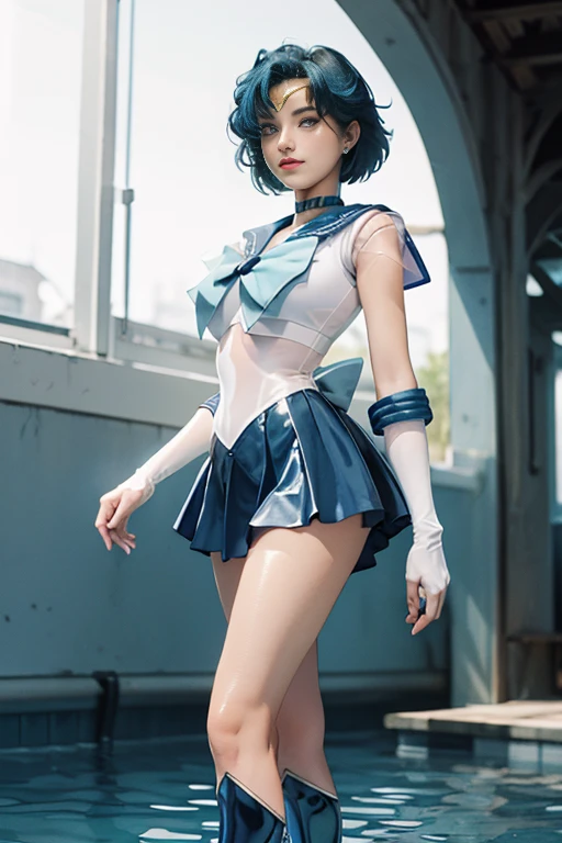 masterpiece, Highest quality, High resolution, Venus 1, One girl, alone, Sailor Warrior Uniform, Sailor Mercury, Mizuno Ami, Blue Hair, Magical girl, blue eyes, Blue Skirt, Elbow hand pockets, tiara, Pleated skirt, Hair Ribbon, Blue Sailor Collar, mini skirt, choker, blue choker, White gloves, Short Hair,  jewelry,  Earrings, Cowboy Shot,More detailed 8K.Unreal Engine:1.4,超High resolution,La Highest quality:1.4, Realistic:1.4, Skin Texture:1.4, masterpiece:1.8,first work, Highest quality,Object Object], (Detailed facial features:1.3),(Fine hand:1.4),(Apocalyptic destroyed cityscape:1.4)