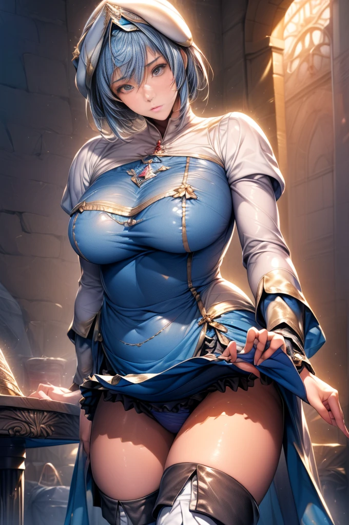 (Golden Ratio,Tabletop, Highest quality, Highest quality, beautifully、aesthetic:1.2), Very detailed, colorful,Best details, (adult,Age 19,One Girl, alone, Final Fantasy 12,Asheria, short hair, short hair,Asheria Costume, huge , mini skirt,polka dots panties:1.2,Thigh-high boots, Thighs Thighs Thighs Thighs, gem,A look of contempt,Looking at trash, her hand lifts her skirt.,Show me your pants,trying to trample on you