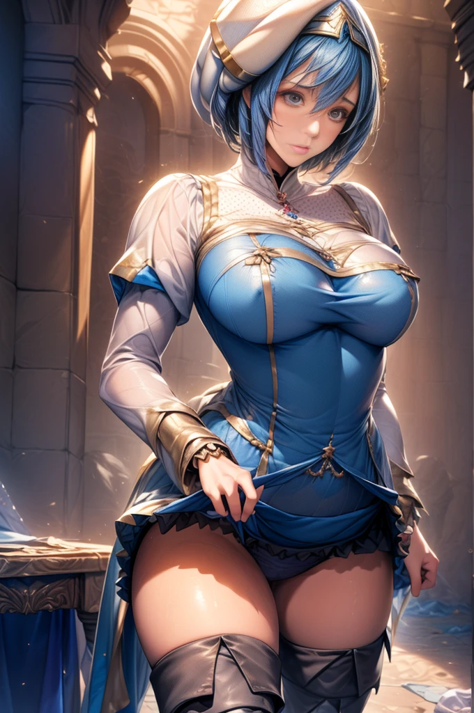 (Golden Ratio,Tabletop, Highest quality, Highest quality, beautifully、aesthetic:1.2), Very detailed, colorful,Best details, (adult,9,One Girl, alone, Final Fantasy 12,Asheria, short hair, short hair,Asheria Costume, huge , mini skirt,polka dots pantiThigh-high boots, Thighs Thighs Thighs Thighs, gem,A look of contempt,Looking at trash, her hand lifts her skirt.,Show me your pants,trying to trample on you