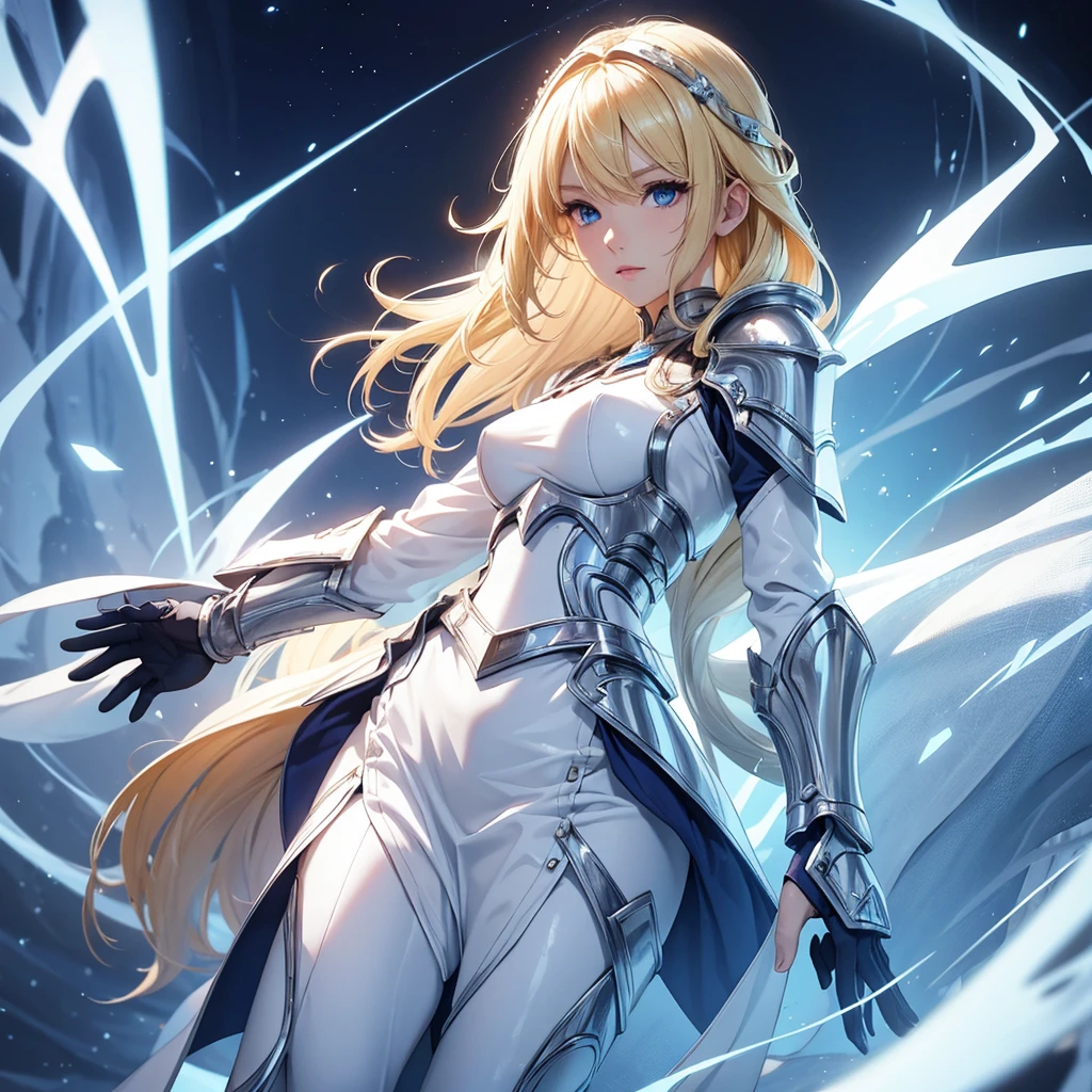 A woman with blonde hair, blue eyes, and white skin wearing cool and shiny Paladin Outfit